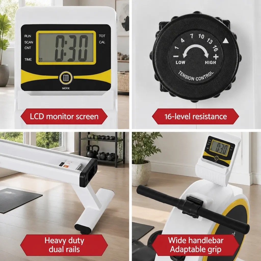 Rowing Machine Magnetic Brake System 16 Resistance Levels Heavy-Duty 3kg Flywheel