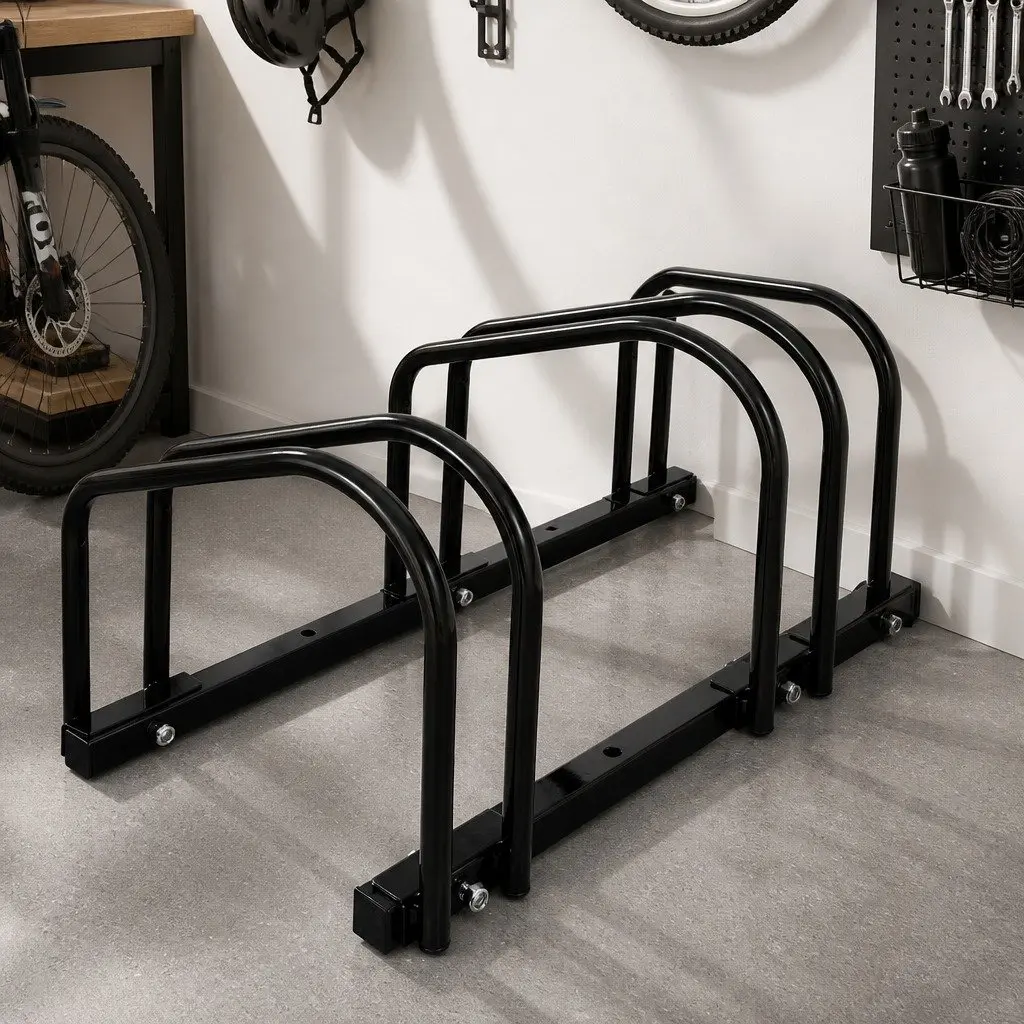 Bike Floor Parking Rack Stand Upright Storage for Standard Wheel All-Weather 3 Bike Capacity