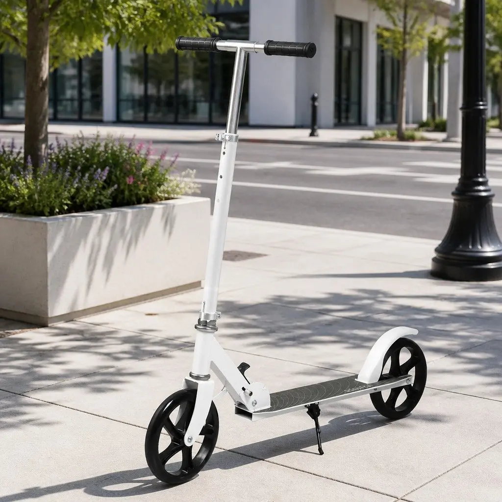 Folding Push Scooter Dual Large Wheels Adjustable Height for Teens Adults White