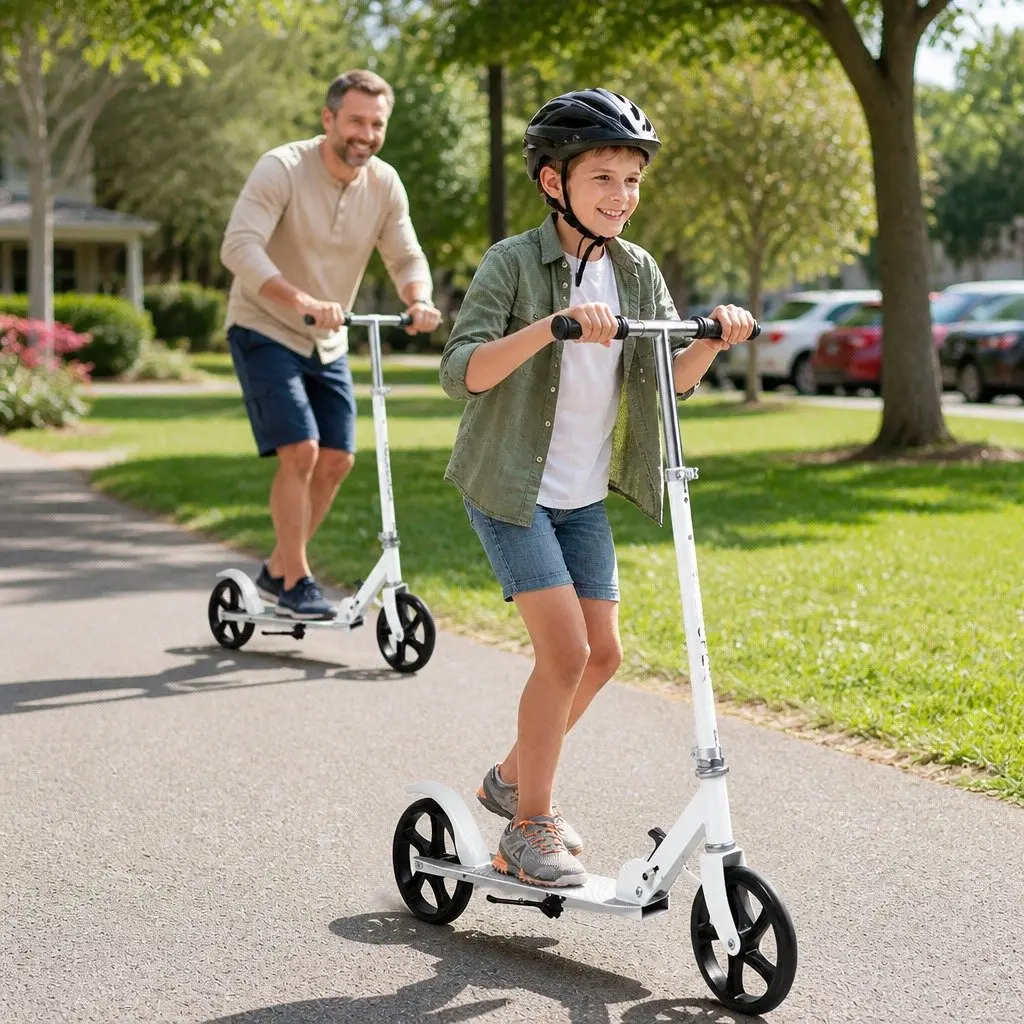 Folding Push Scooter Dual Large Wheels Adjustable Height for Teens Adults White