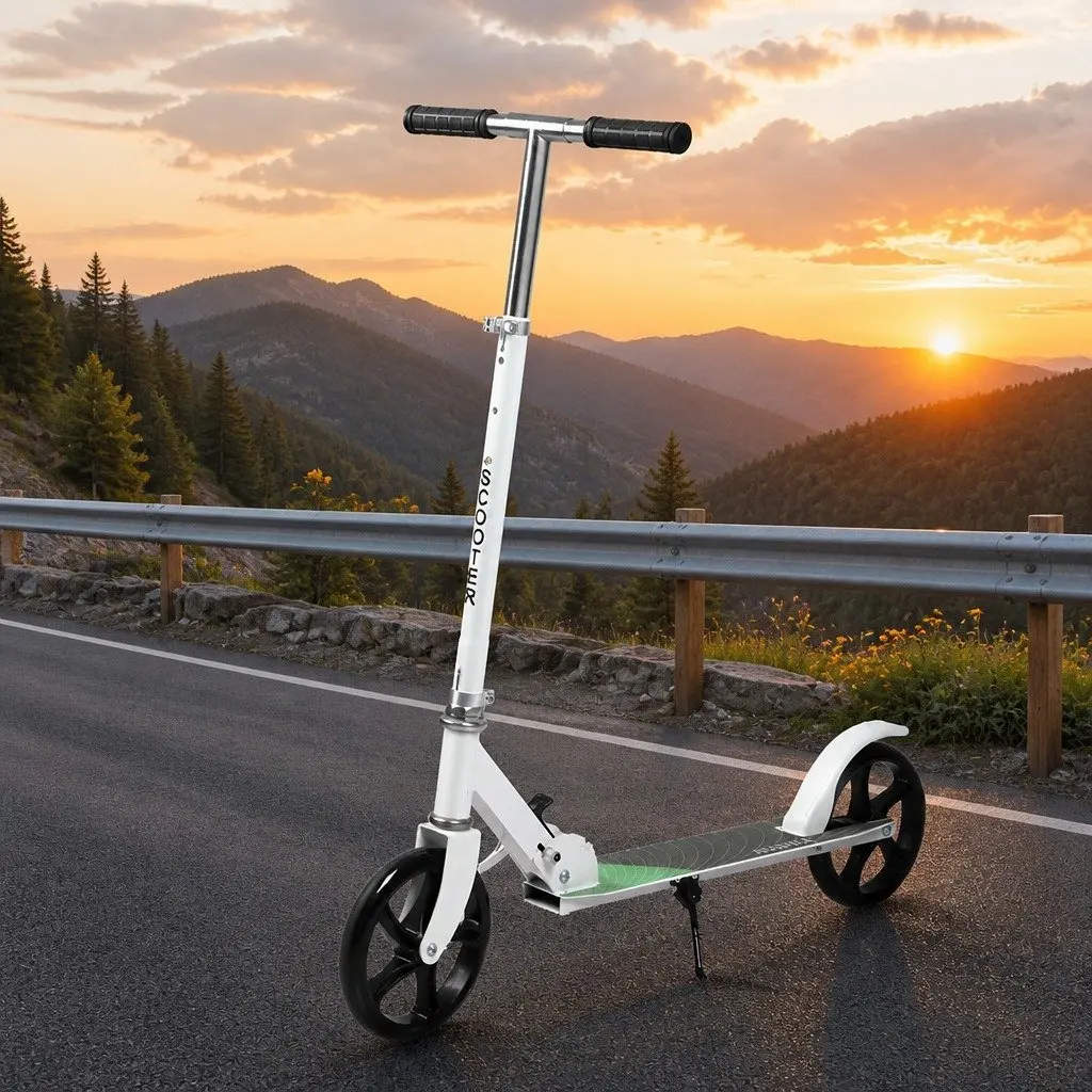Folding Push Scooter Dual Large Wheels Adjustable Height for Teens Adults White