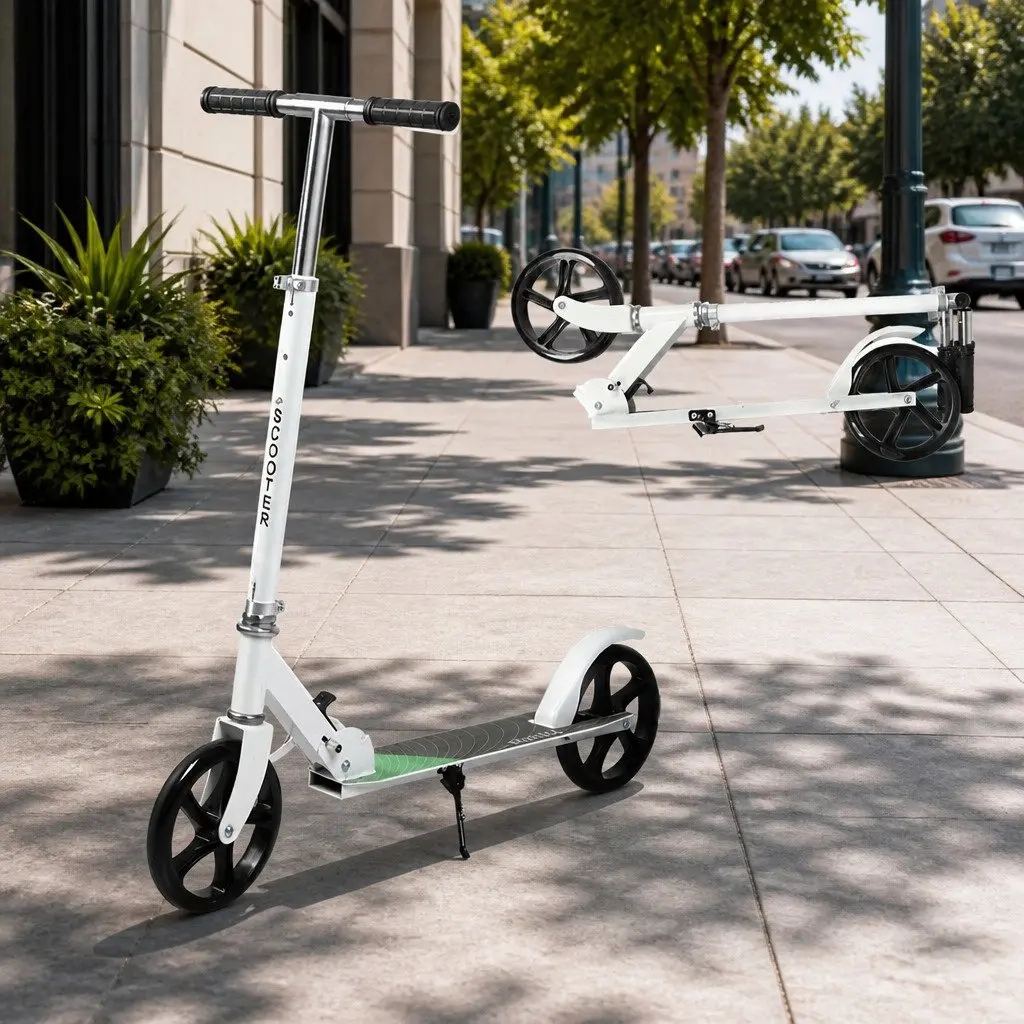 Folding Push Scooter Dual Large Wheels Adjustable Height for Teens Adults White