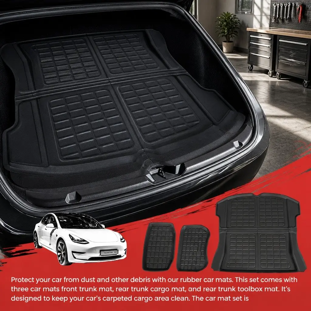 Cargo Trunk Floor Mats Set 3pcs Custom Moulded Laser Cut for Tesla Model 3 2021-2024