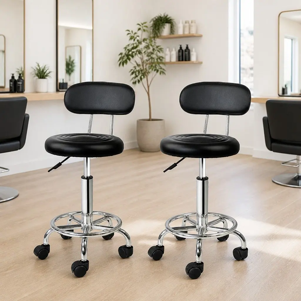 Black Salon Stool with Backrest and Mobility