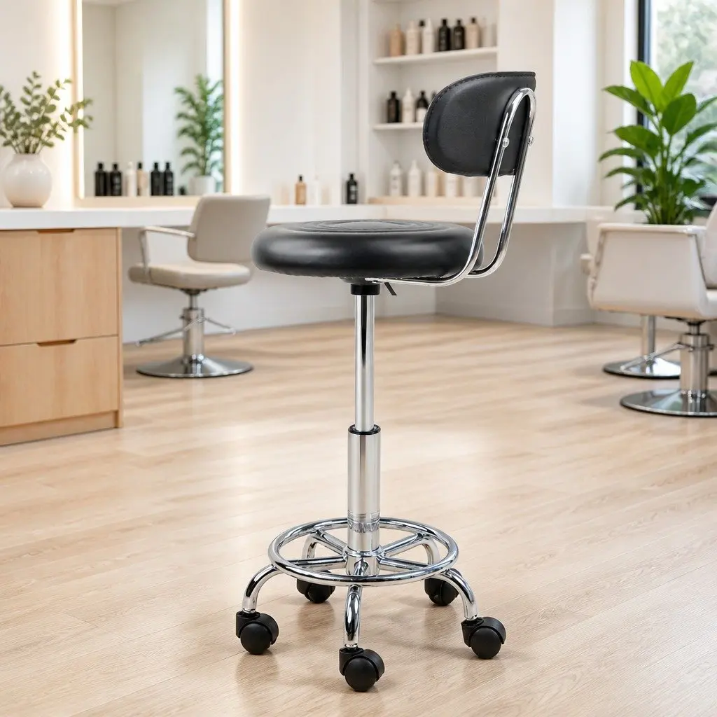 Black Salon Stool with Backrest and Mobility