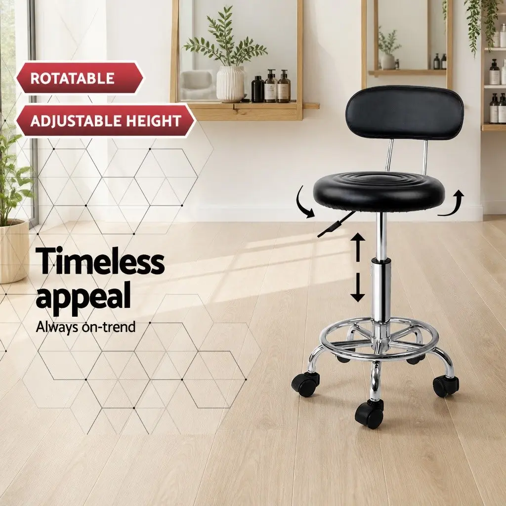 Black Salon Stool with Backrest and Mobility