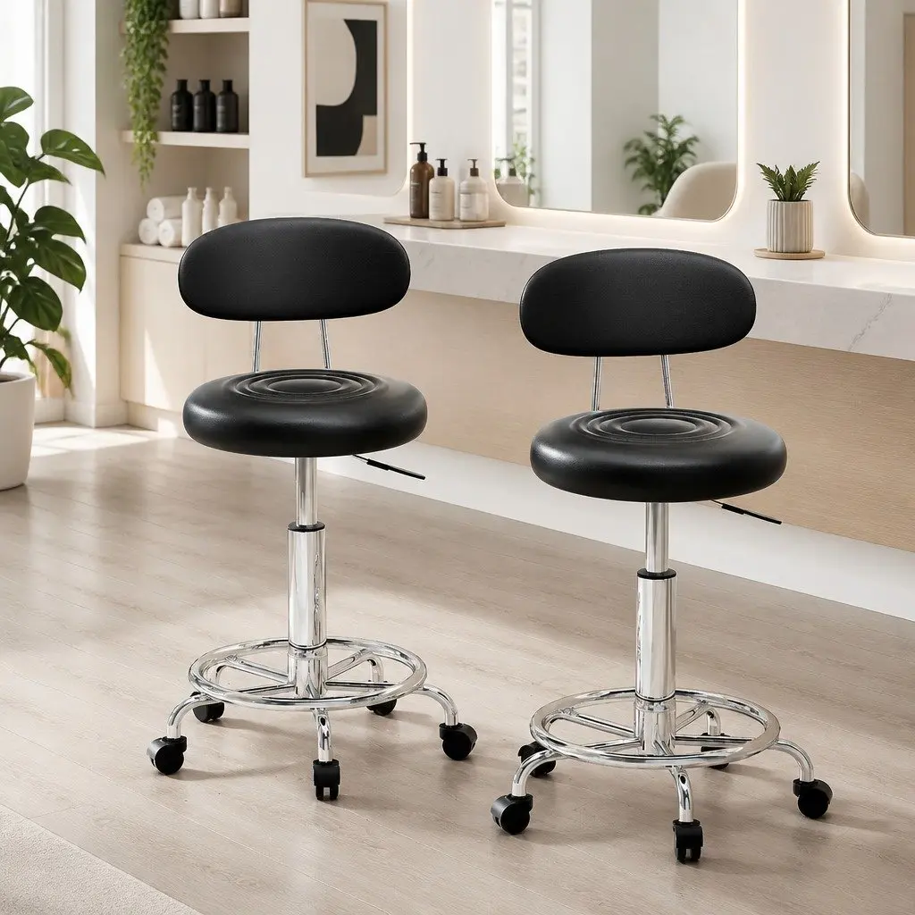 Black Salon Stool with Backrest and Mobility