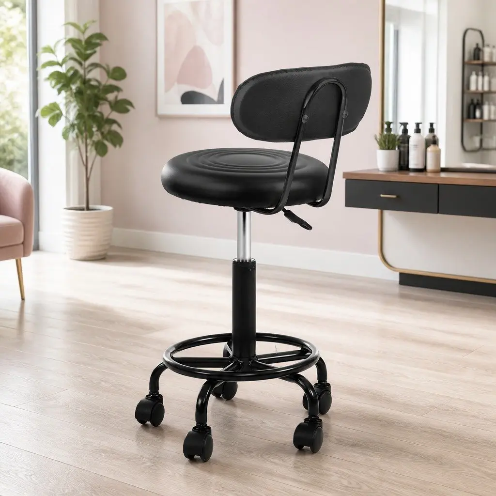 Salon Stool Swivel Chair with Backrest Adjustable Height Rotatable Black