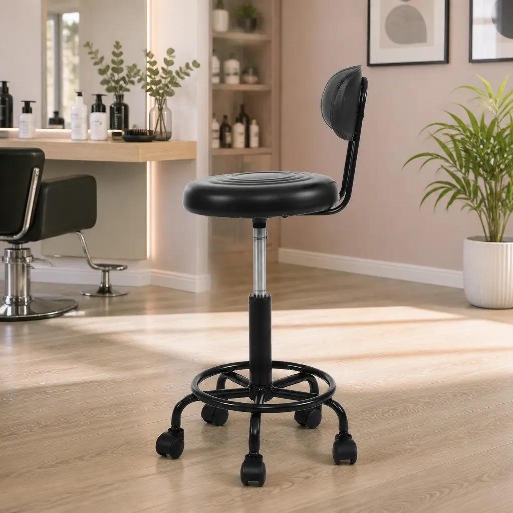 Salon Stool Swivel Chair with Backrest Adjustable Height Rotatable Black