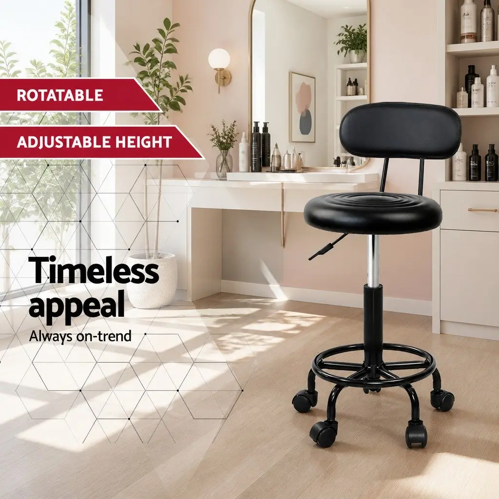 Salon Stool Swivel Chair with Backrest Adjustable Height Rotatable Black