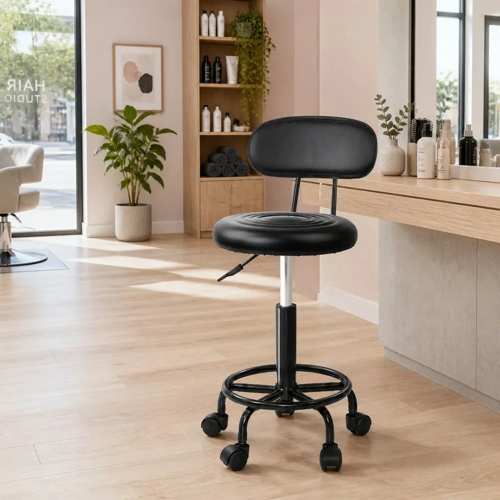 Salon Stool Swivel Chair with Backrest Adjustable Height Rotatable Black