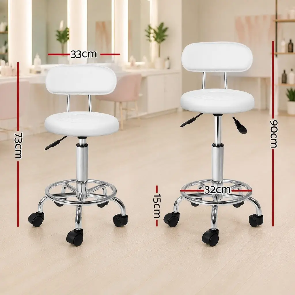 Salon Stool Swivel Chair Backrest Adjustable Height Castor Wheels White x2