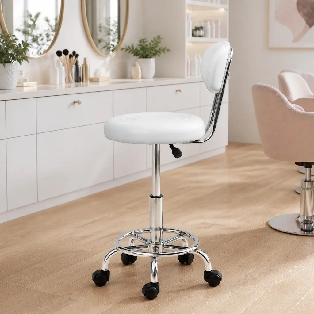 Salon Stool Swivel Chair Backrest Adjustable Height Castor Wheels White x2
