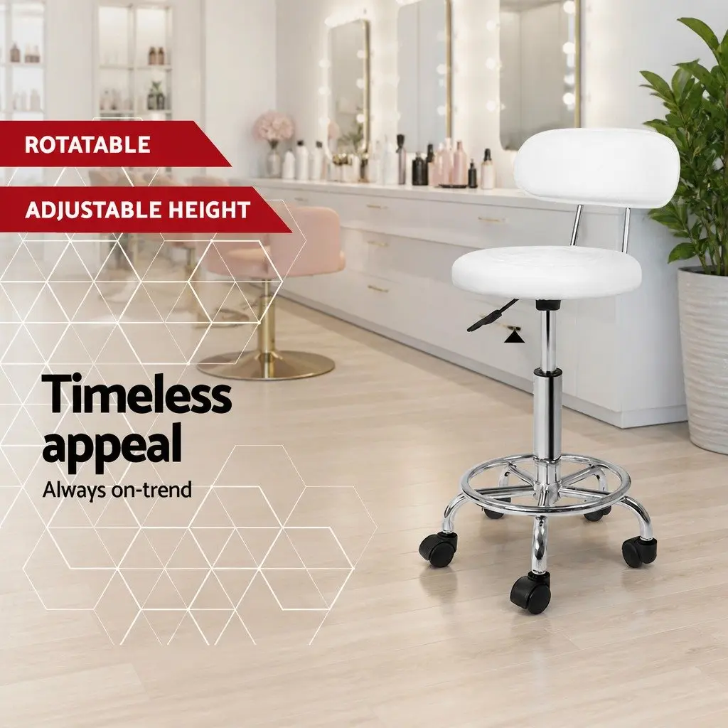 Salon Stool Swivel Chair Backrest Adjustable Height Castor Wheels White x2