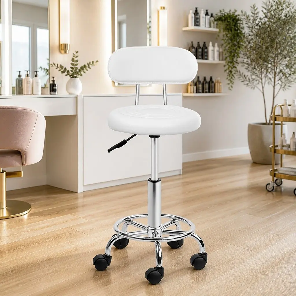 Swivel Stool for Salon Adjustable Height Round Seat with Backrest White