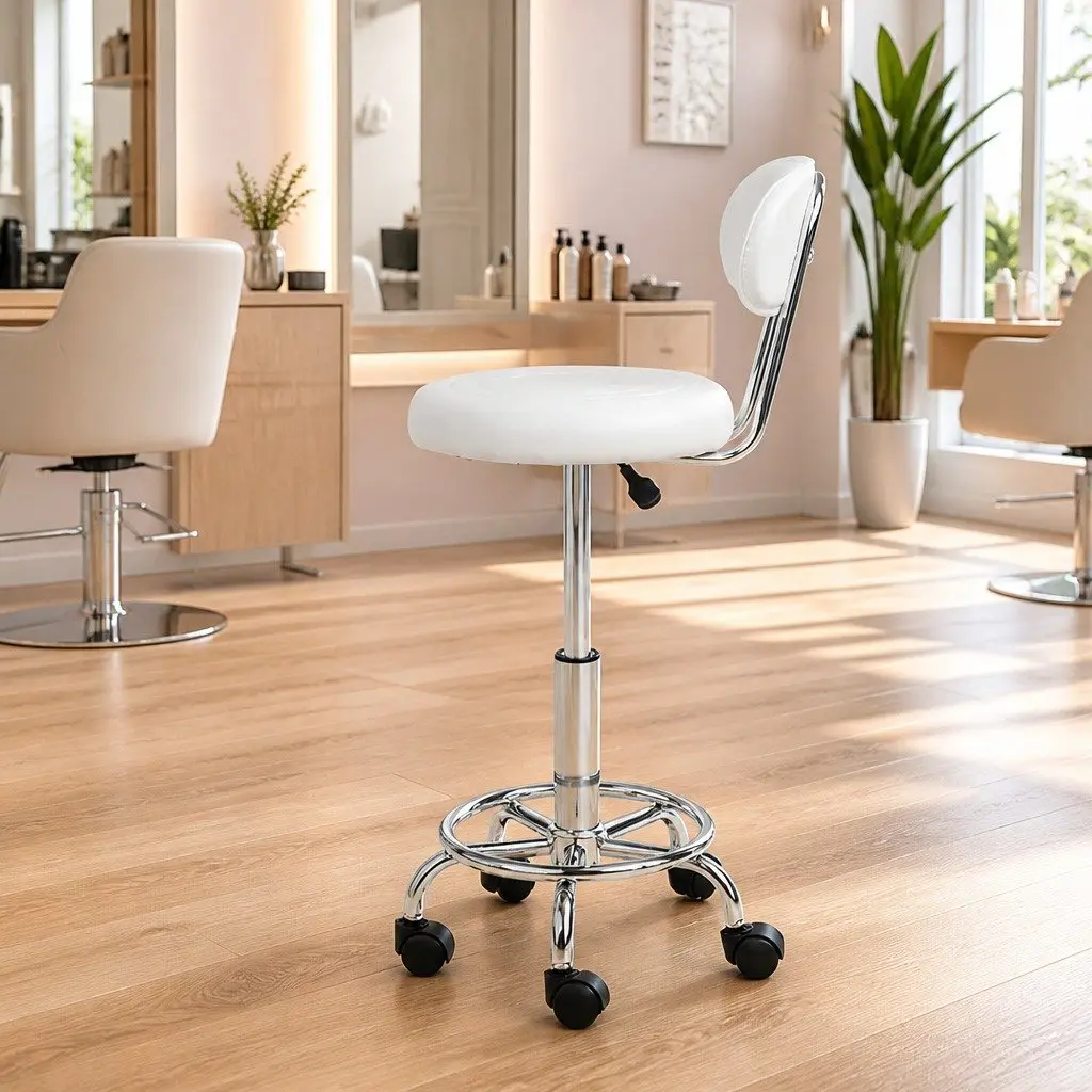 Swivel Stool for Salon Adjustable Height Round Seat with Backrest White
