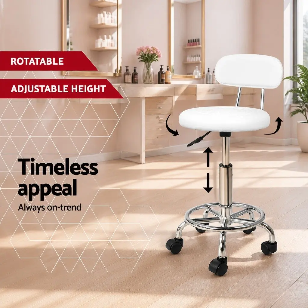 Swivel Stool for Salon Adjustable Height Round Seat with Backrest White