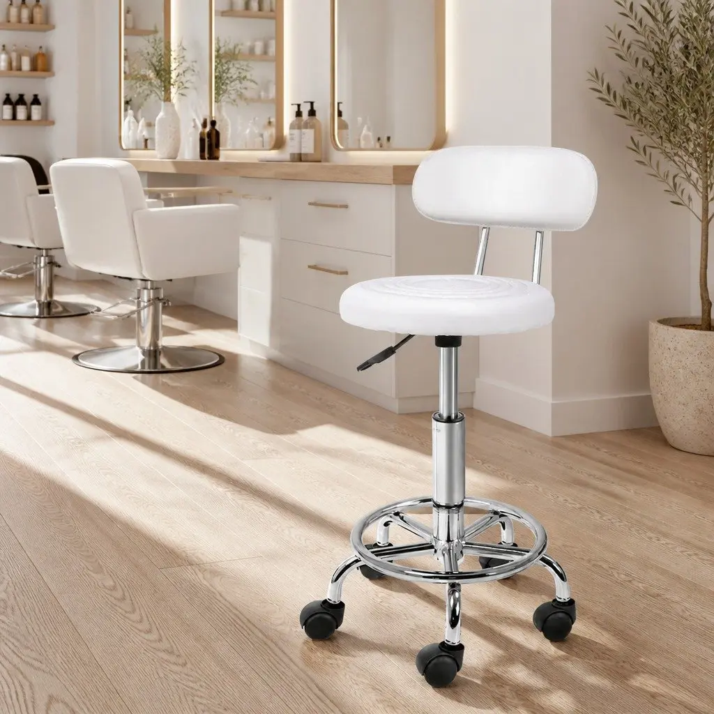 Swivel Stool for Salon Adjustable Height Round Seat with Backrest White