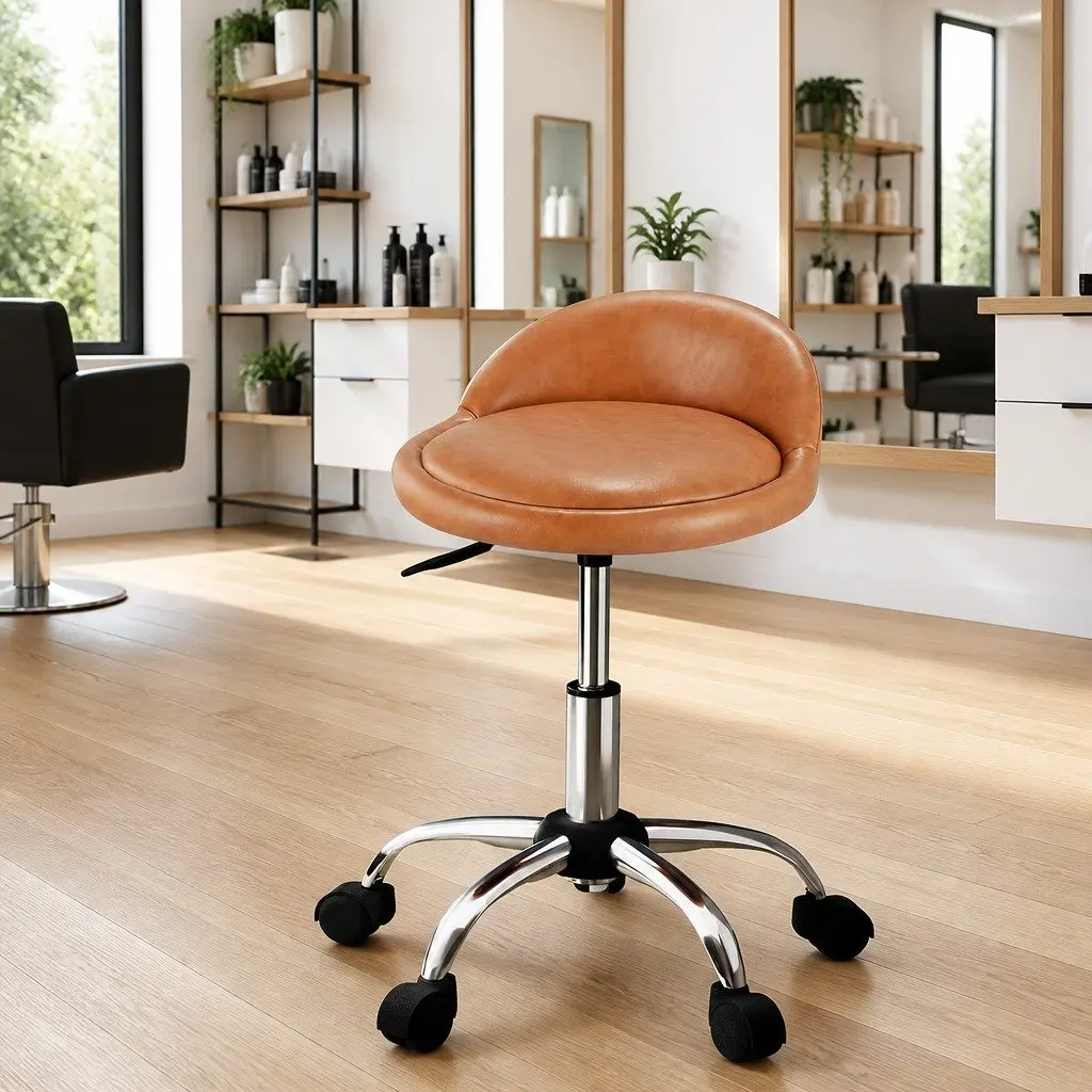 Salon Stool Swivel Chair Brown Adjustable Height with Backrest 360 Degree Rotation