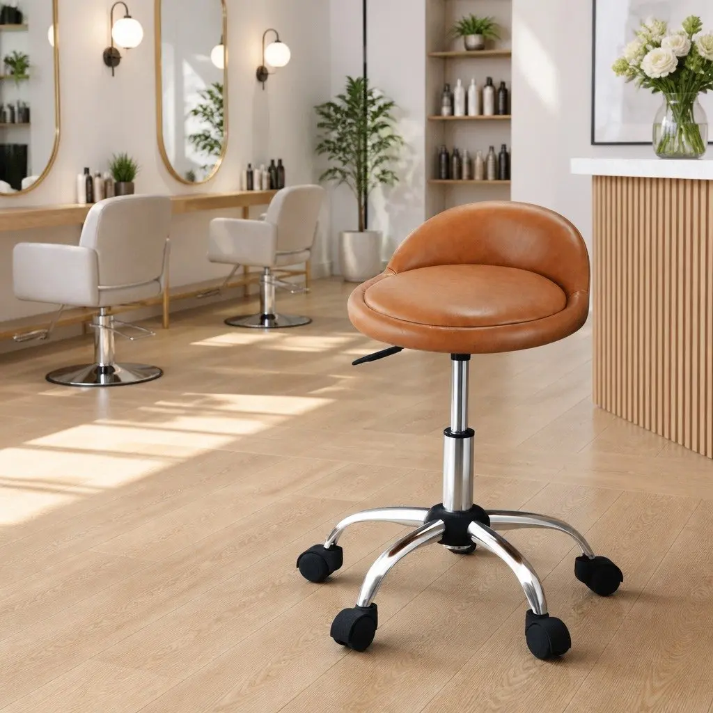 Salon Stool Swivel Chair Brown Adjustable Height with Backrest 360 Degree Rotation