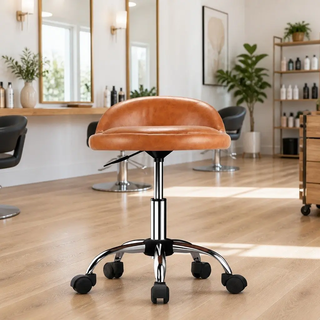 Salon Stool Swivel Chair Brown Adjustable Height with Backrest 360 Degree Rotation