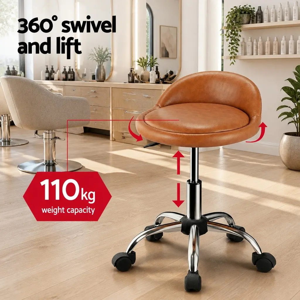 Salon Stool Swivel Chair Brown Adjustable Height with Backrest 360 Degree Rotation