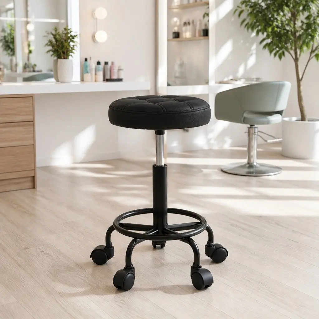 Salon Stool Round Swivel Chair Black Adjustable Height Gas Lift Castor Wheels