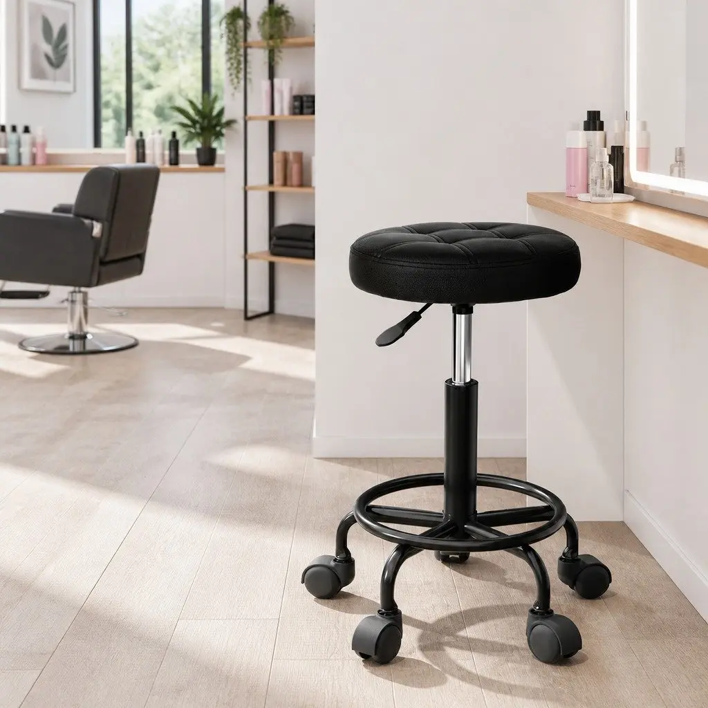 Salon Stool Round Swivel Chair Black Adjustable Height Gas Lift Castor Wheels