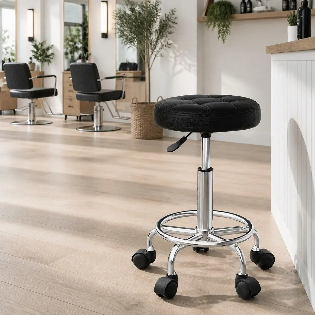 Salon Stool Round Swivel Chair Black Adjustable Height Gas Lift Castor Wheels
