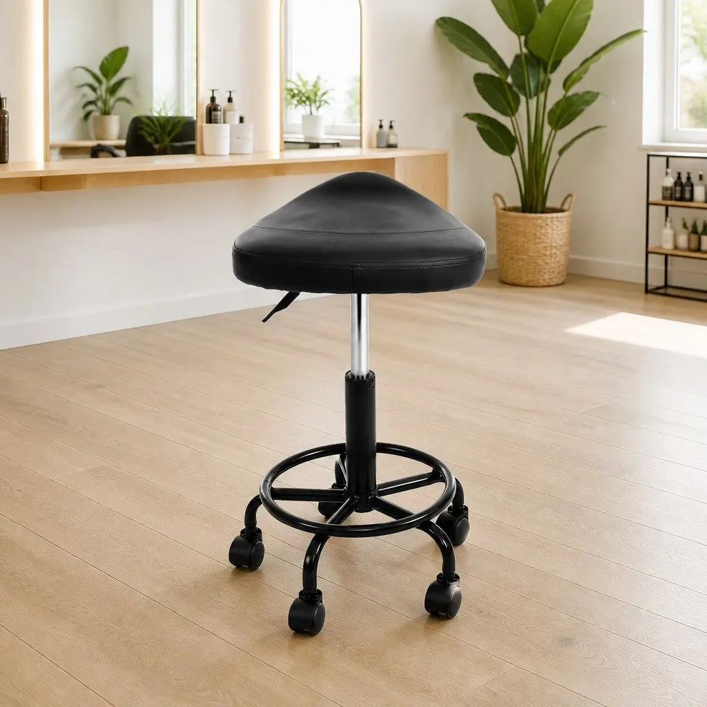 Salon Stool Saddle Swivel Chair Black 360° Rotatable Adjustable Height Castor