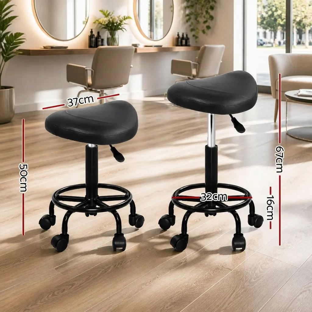 Salon Stool Saddle Swivel Chair Adjustable Height Black PU Leather Comfort Seat