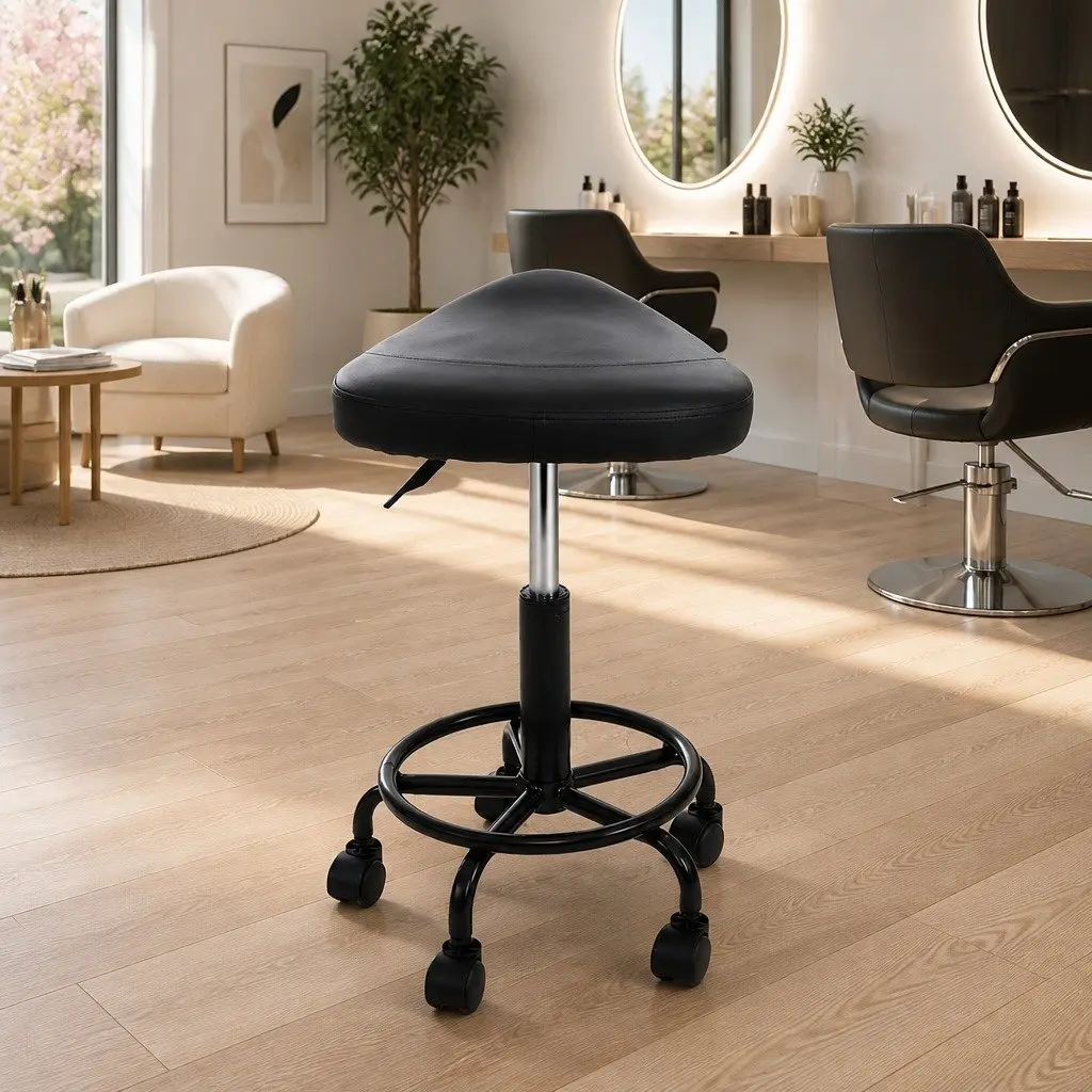 Salon Stool Saddle Swivel Chair Adjustable Height Black PU Leather Comfort Seat