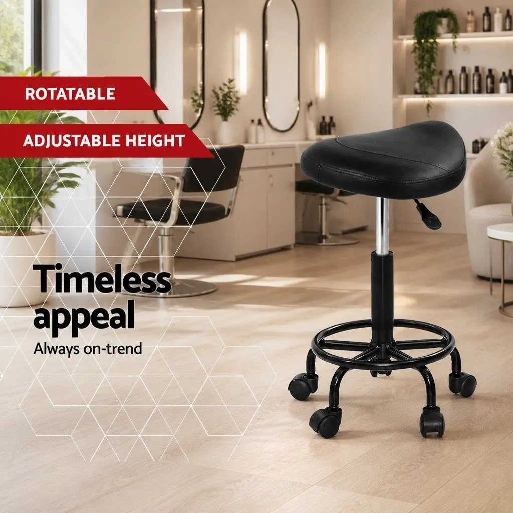 Salon Stool Saddle Swivel Chair Adjustable Height Black PU Leather Comfort Seat