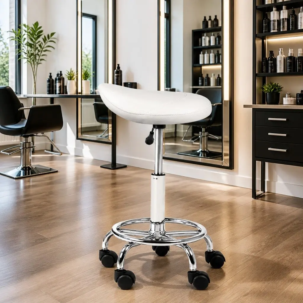 Salon Stool Saddle Swivel Chair White 360° Rotatable Adjustable Height Castor