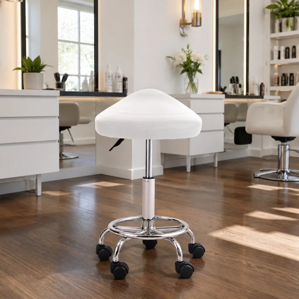 Salon Stool Saddle Swivel Chair White 360° Rotatable Adjustable Height Castor