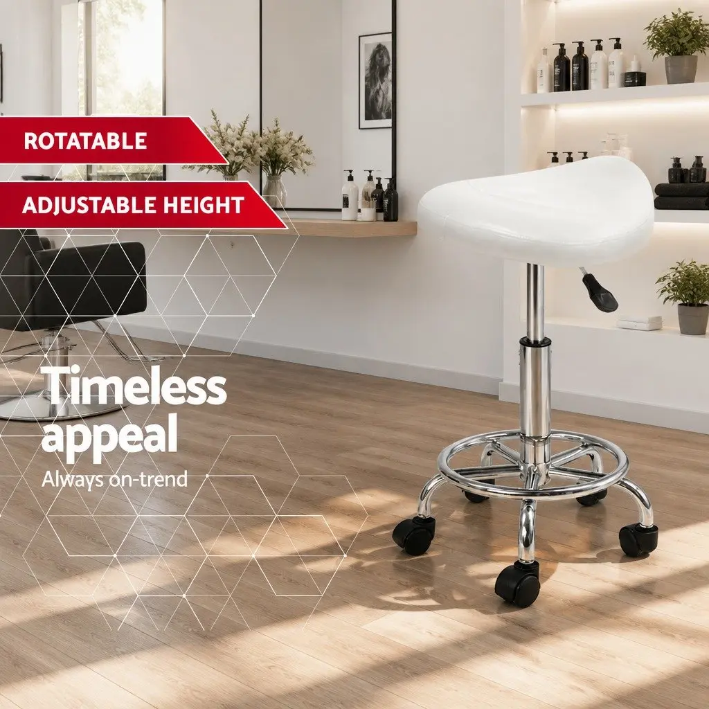 Salon Stool Saddle Swivel Chair White 360° Rotatable Adjustable Height Castor