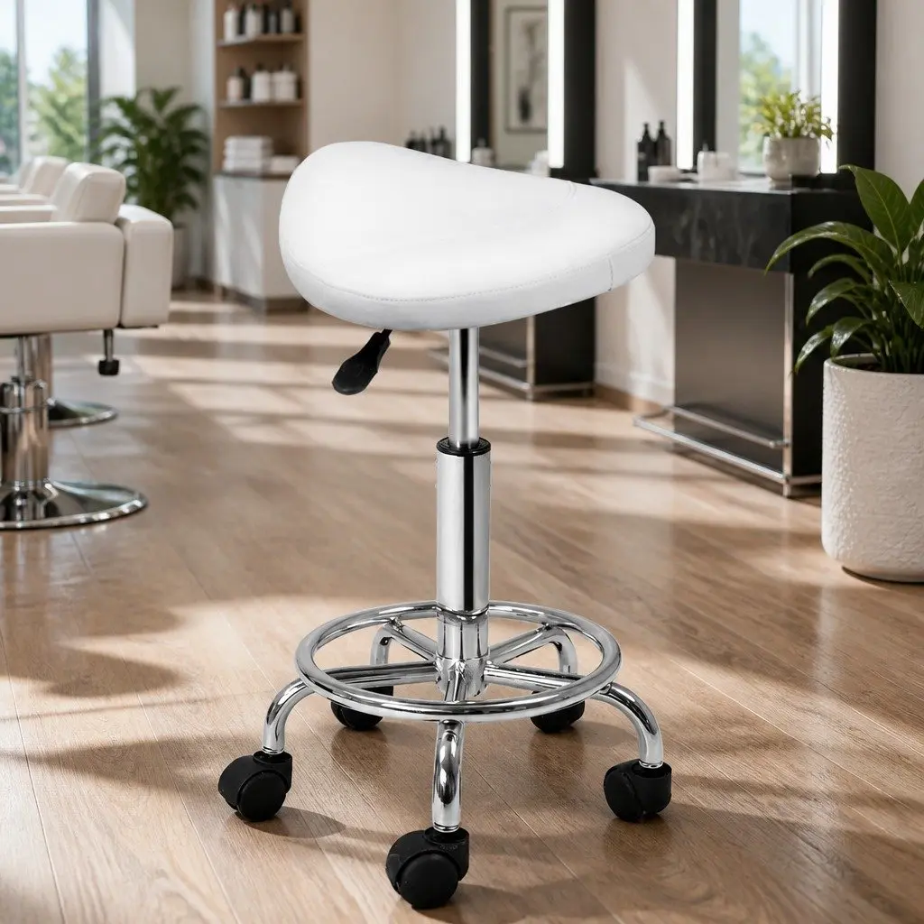 Salon Stool Saddle Seat White Adjustable Height 360 Degree Rotatable
