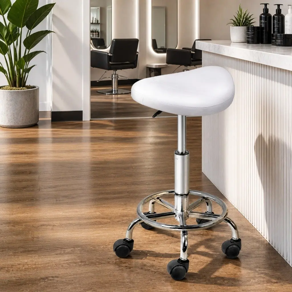 Salon Stool Saddle Seat White Adjustable Height 360 Degree Rotatable