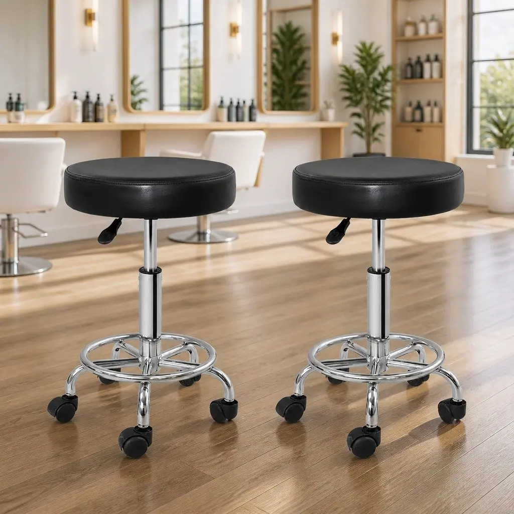 Salon Stool Round Swivel Chair Black Adjustable Height 2 Piece