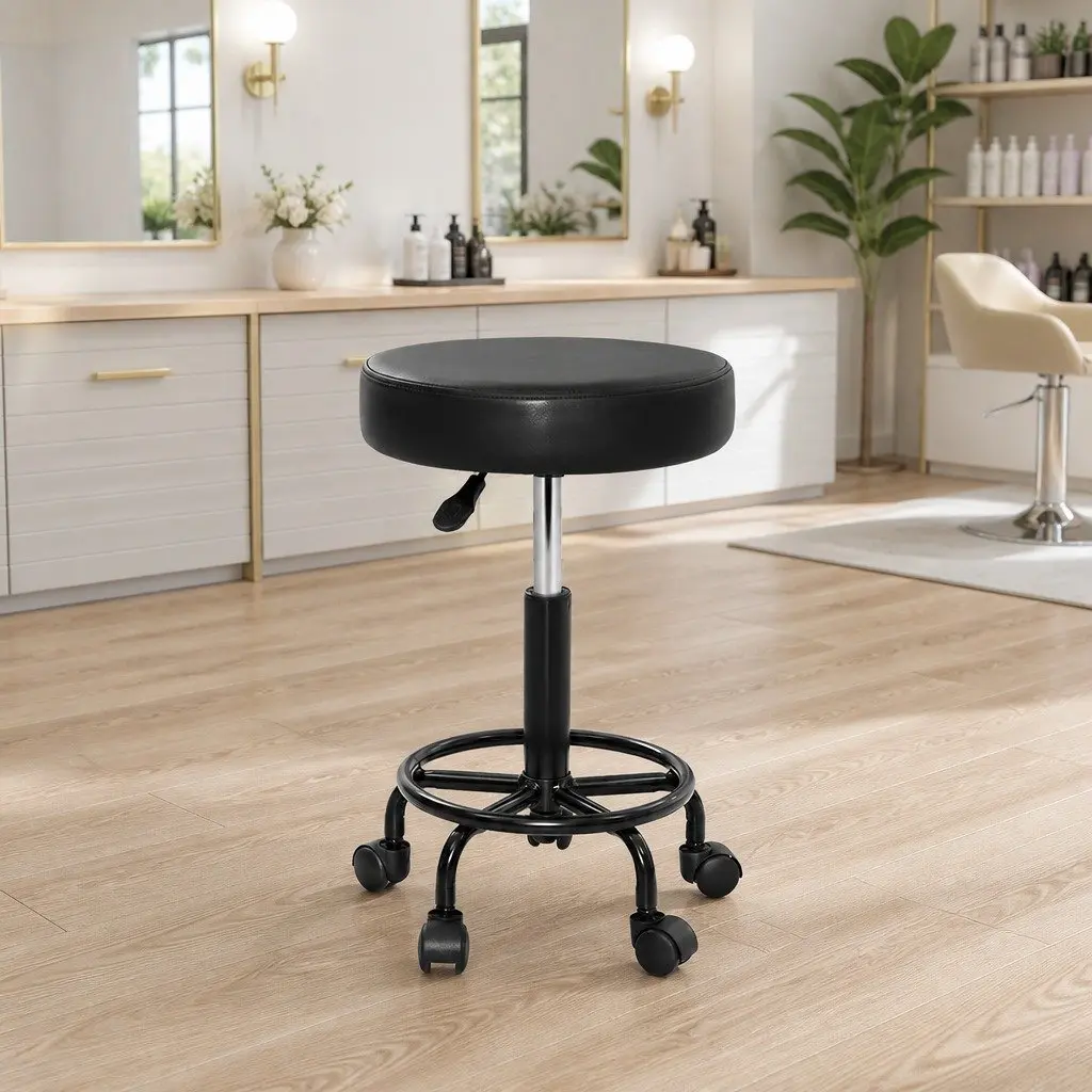 Salon Stool Round Swivel Chair Adjustable Height Rotatable Black Footrest Castor