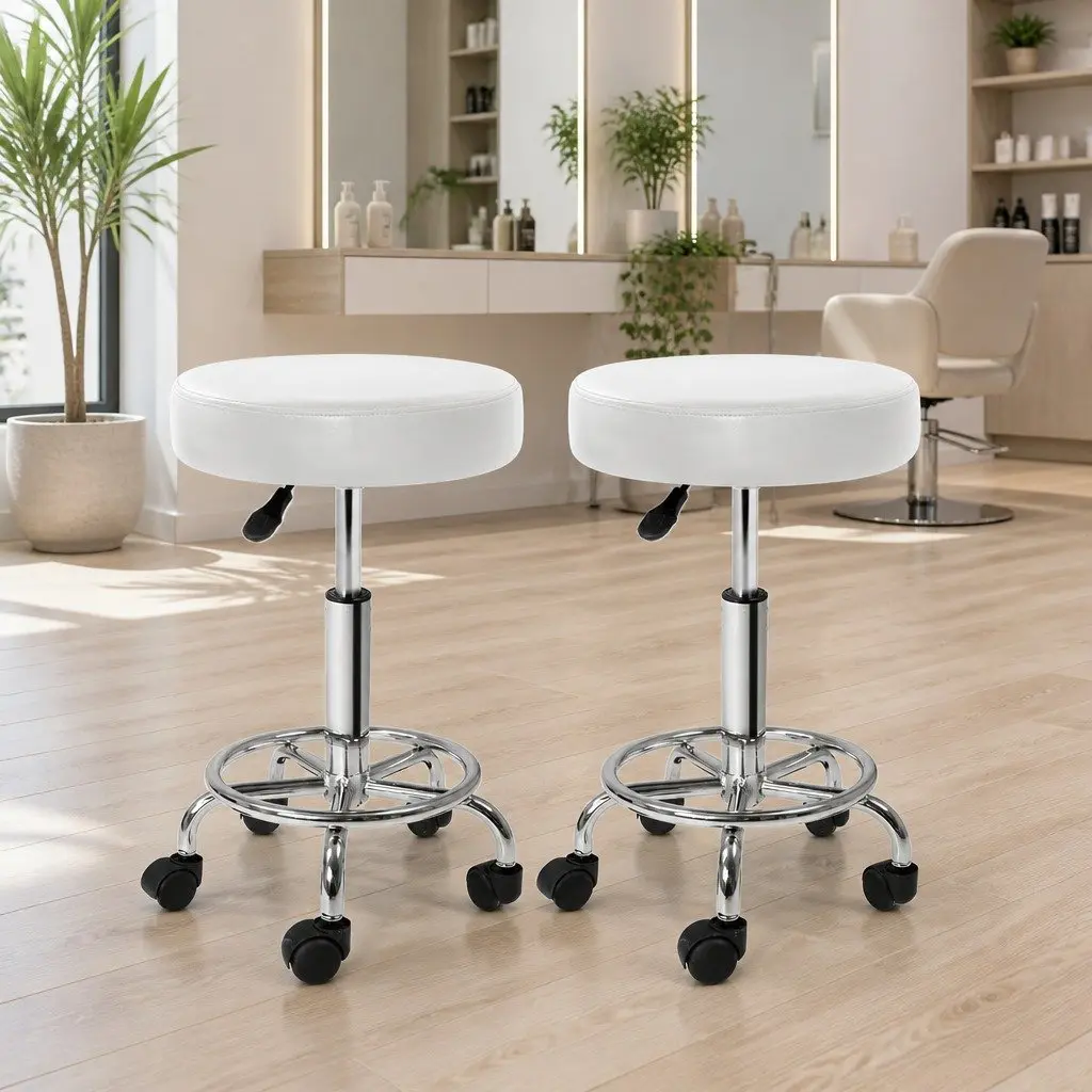 Salon Stool Round Swivel Chair White Adjustable Height Footrest Castor Wheels x2