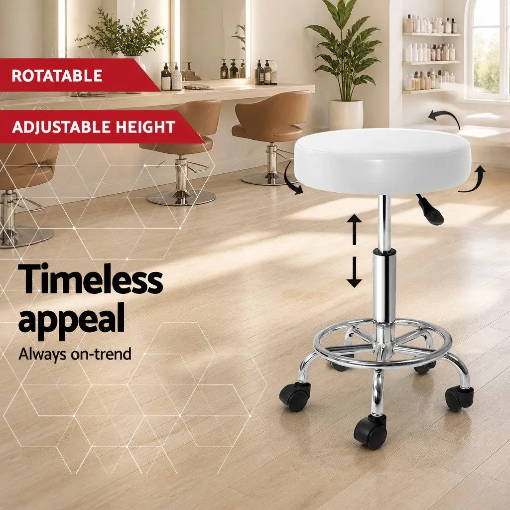 Salon Stool Round Swivel Chair White Adjustable Height Footrest Castor Wheels x2