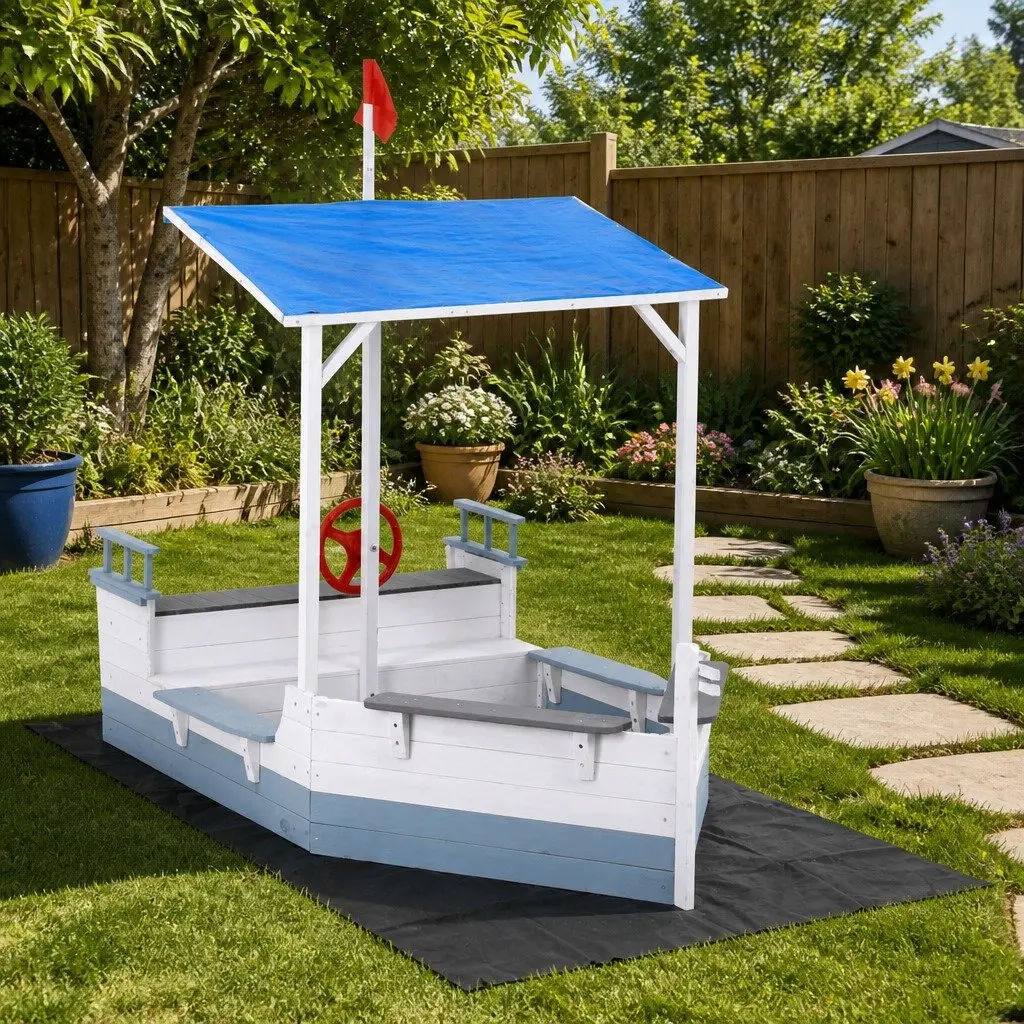 Kids Wooden Sandpit Boat-Shaped Sandbox Outdoor Play Canopy Flag Toy Blue White