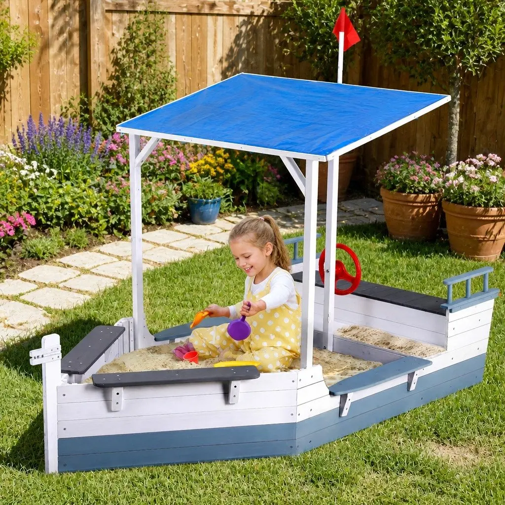 Kids Wooden Sandpit Boat-Shaped Sandbox Outdoor Play Canopy Flag Toy Blue White