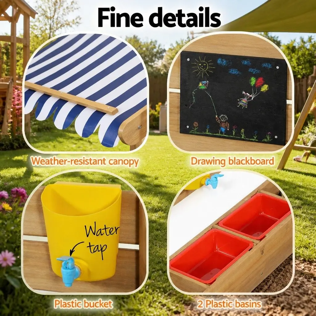 Kids Wooden Sandbox with Canopy and Water Basin 113x117x146.5cm