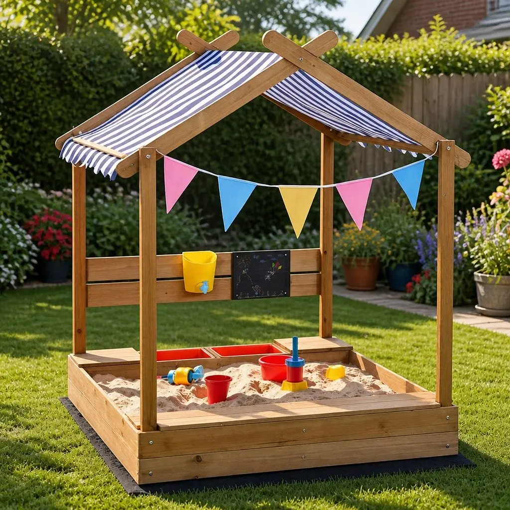 Kids Wooden Sandbox with Canopy and Water Basin 113x117x146.5cm