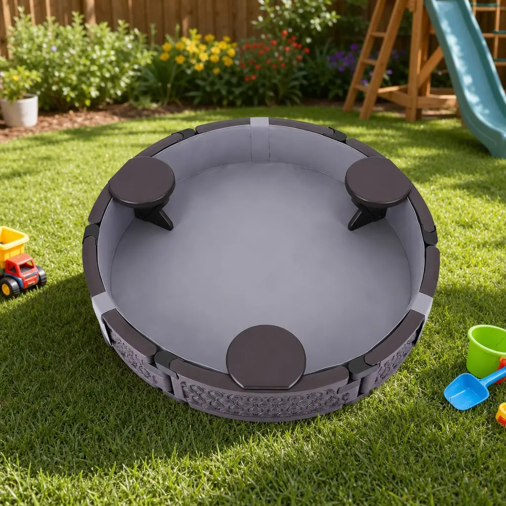 Kids Outdoor Sandbox Round 121cm Sandpit 3 Seats Brown Cover Liner Backyard