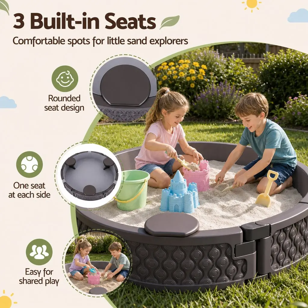 Kids Outdoor Sandbox Round 121cm Sandpit 3 Seats Brown Cover Liner Backyard
