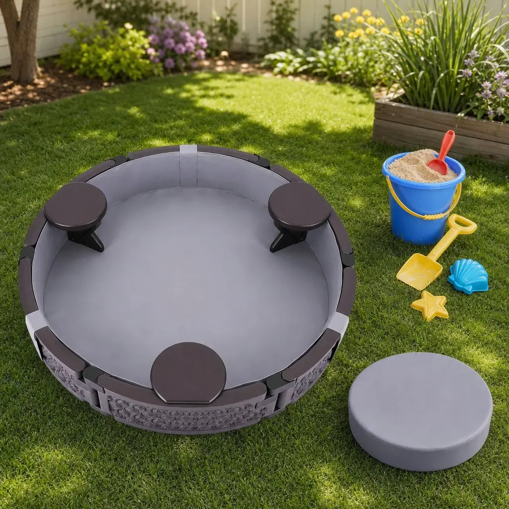Kids Outdoor Sandbox Round 121cm Sandpit 3 Seats Brown Cover Liner Backyard