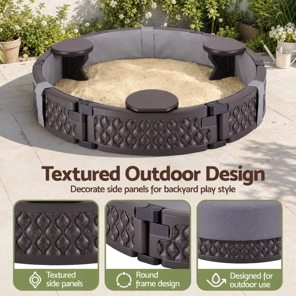 Kids Outdoor Sandbox Round 121cm Sandpit 3 Seats Brown Cover Liner Backyard